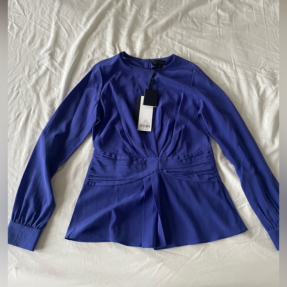NWT Carlisle Collection Blue Fitted Ruched Blouse Long Sleeve Size Small